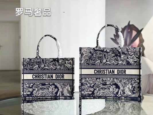 Dior Book Tote Bag Blue Toile de Jouy Embroidery