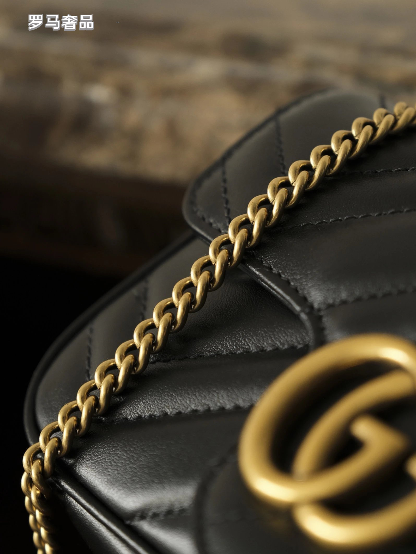 Gucci Black Quilted Chevron Leather Shoulder Bag with Gold Chain Strap