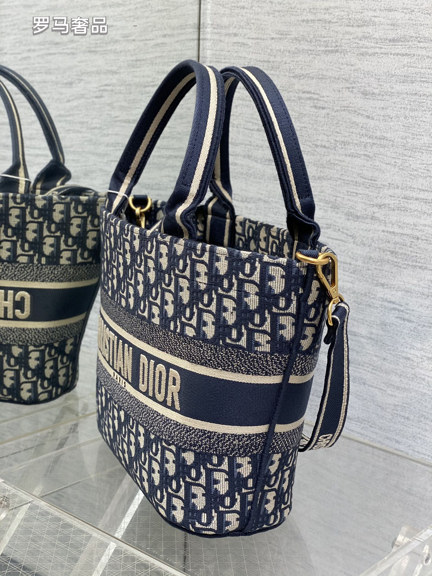 Dior Blue Monogram Canvas Tote Bag with Double Handles and Strap