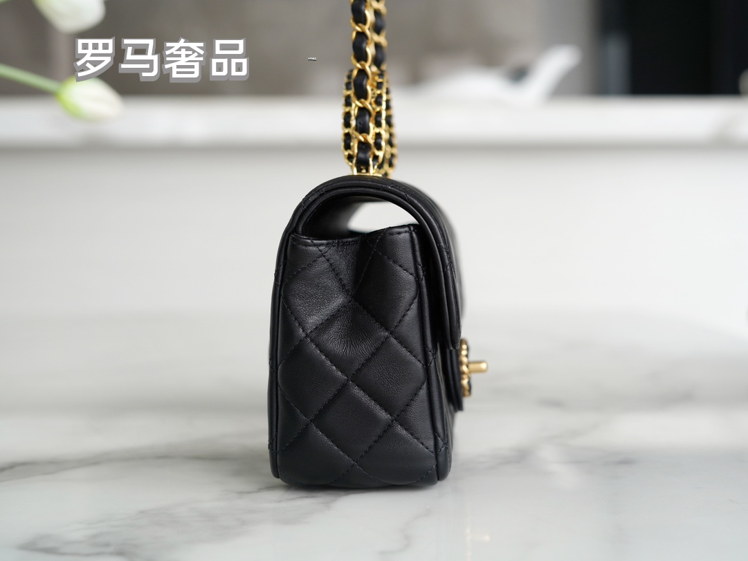 Women's Classic Quilted Black Flap Handbag with Gold-Tone Chain Details