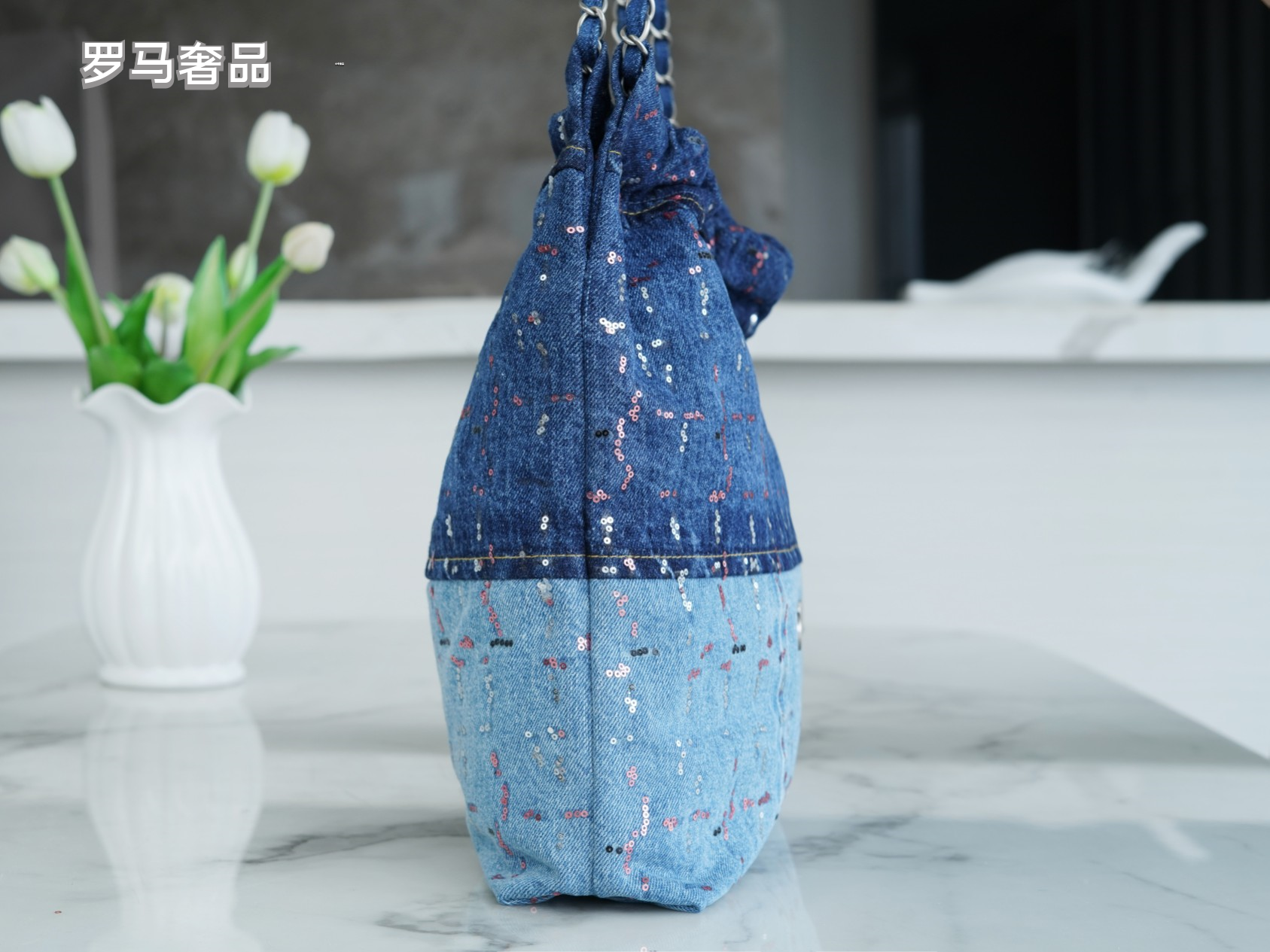 Chanel 22 Denim Patchwork Tote Bag with Matching Pouch - Blue Washed Denim Shoulder Bag