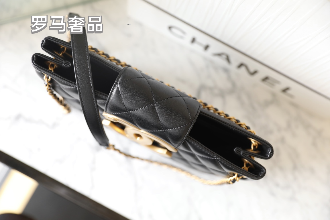 Chanel Black Quilted Leather Flap Bag with Large Gold CC Logo