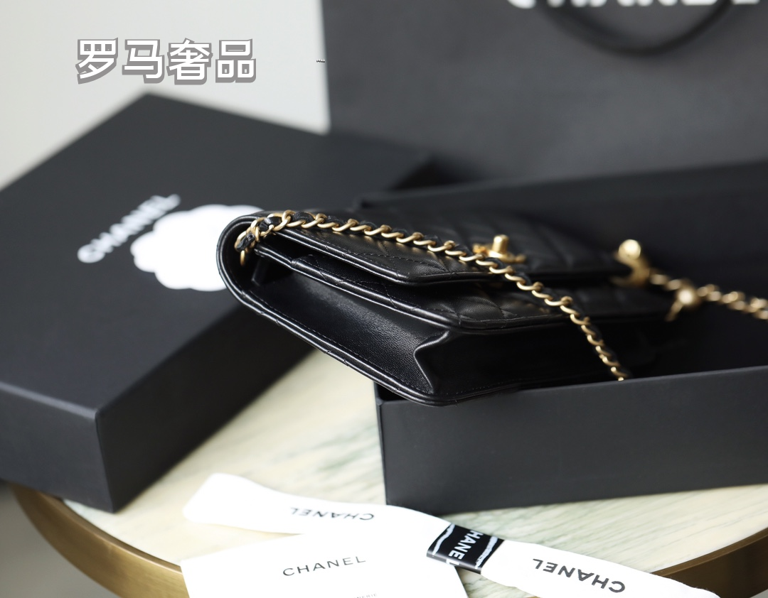 Chanel Quilted Lambskin Pearl Crush Wallet on Chain (WOC) - Black