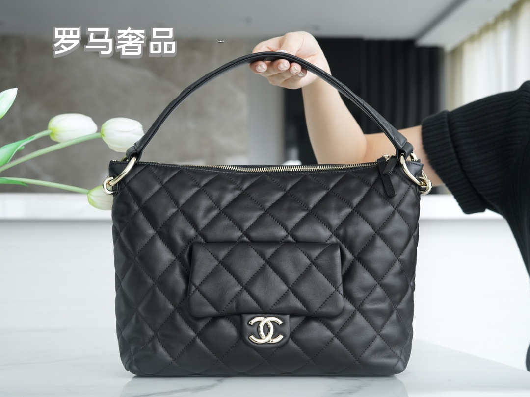 Chanel Black Quilted Lambskin Leather Hobo Bag with Front CC Logo Pocket