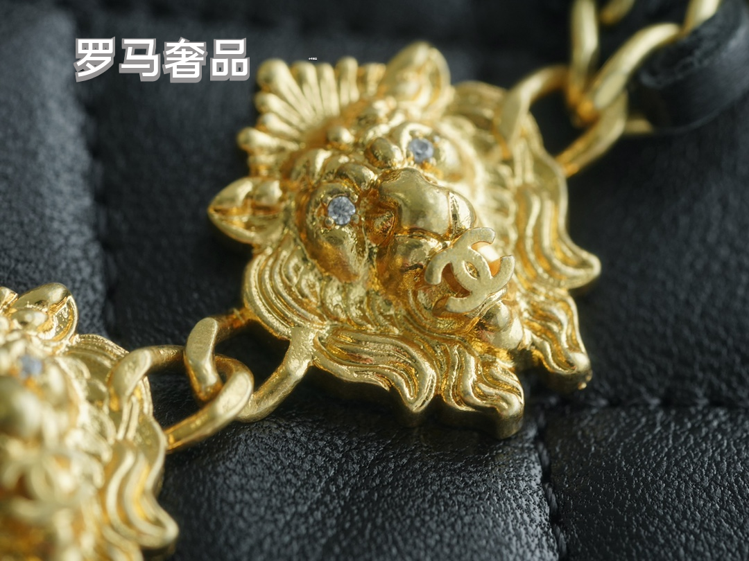 Chanel Black Quilted Leather Flap Bag with Lion Head Chain Embellishments