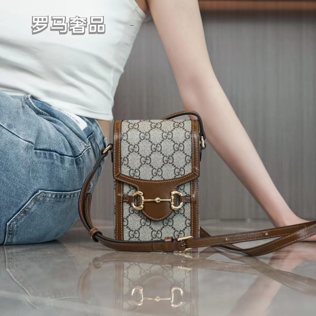 Gucci Horsebit 1955 Mini Bag in GG Supreme Canvas with Brown Leather Trim