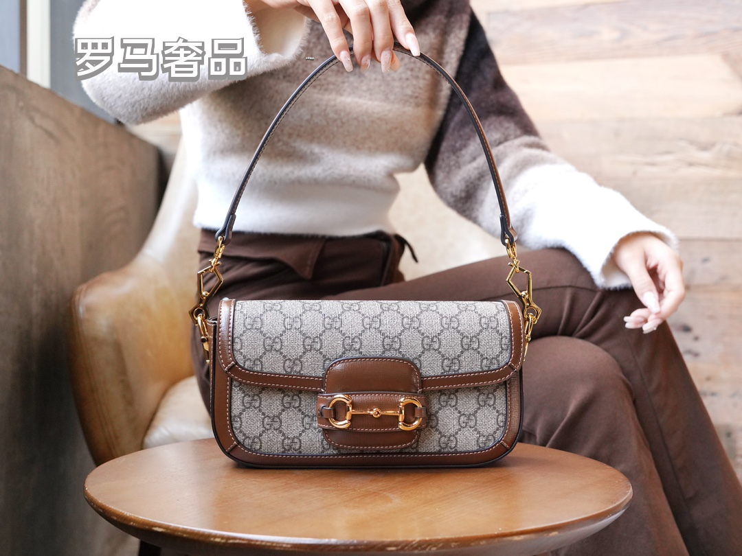 Gucci Horsebit 1955 Mini Shoulder Bag in GG Supreme Canvas with Brown Leather Trim