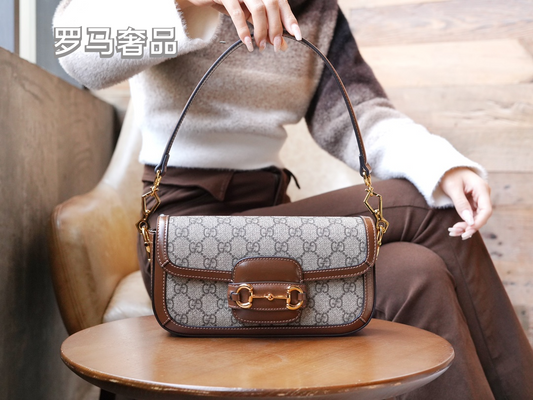 Gucci Horsebit 1955 Mini Shoulder Bag in GG Supreme Canvas with Brown Leather Trim