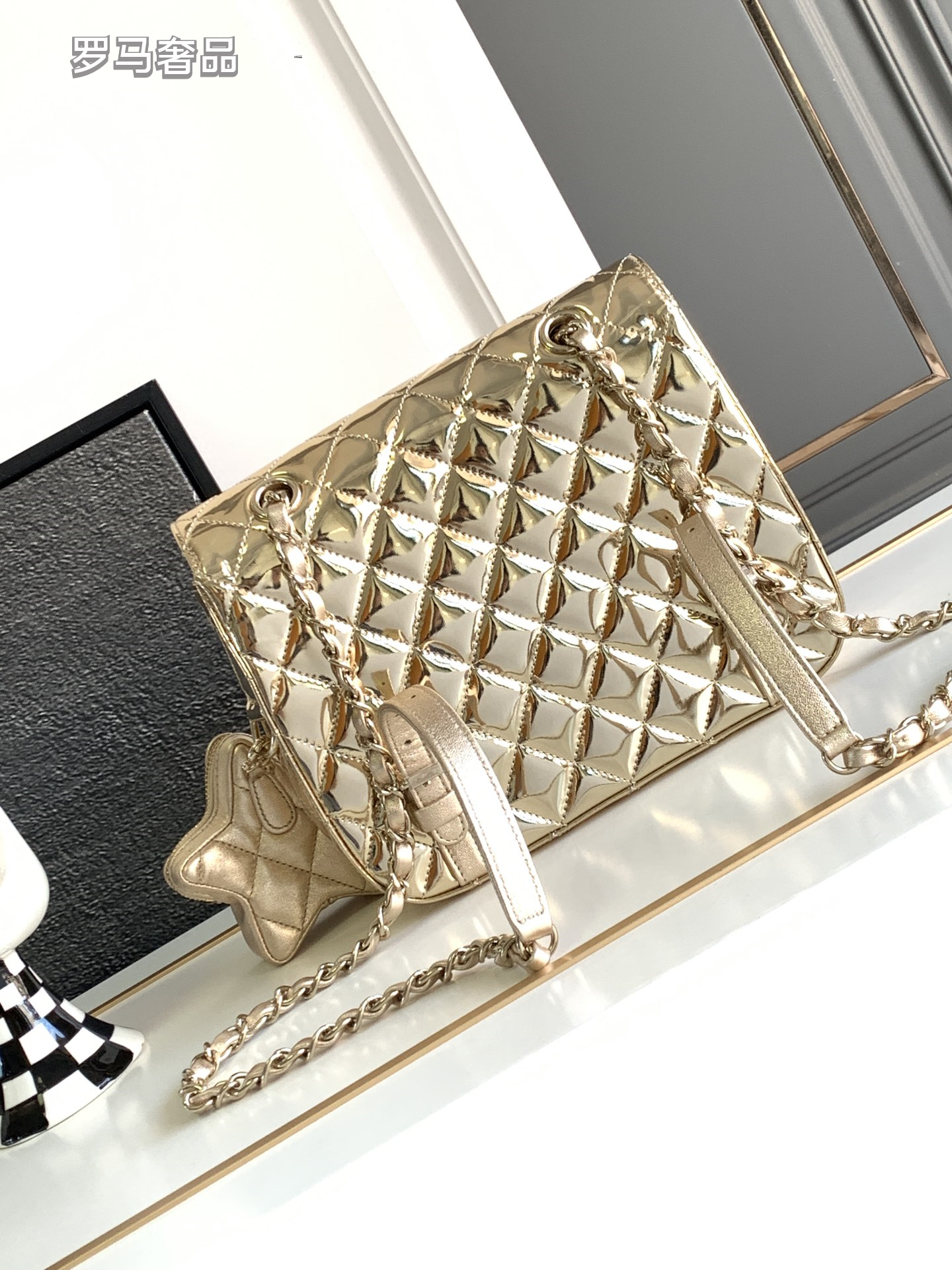 Gold Metallic Quilted Crossbody Flap Bag with Star Charm