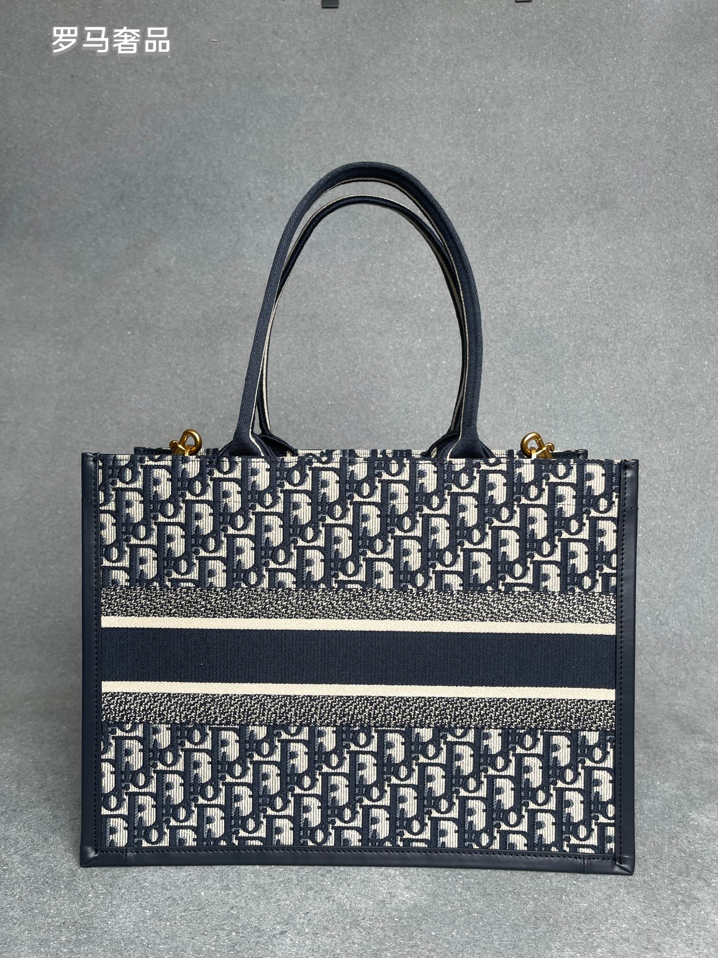 Dior Navy Blue Monogram Canvas Tote Bag with Top Handles