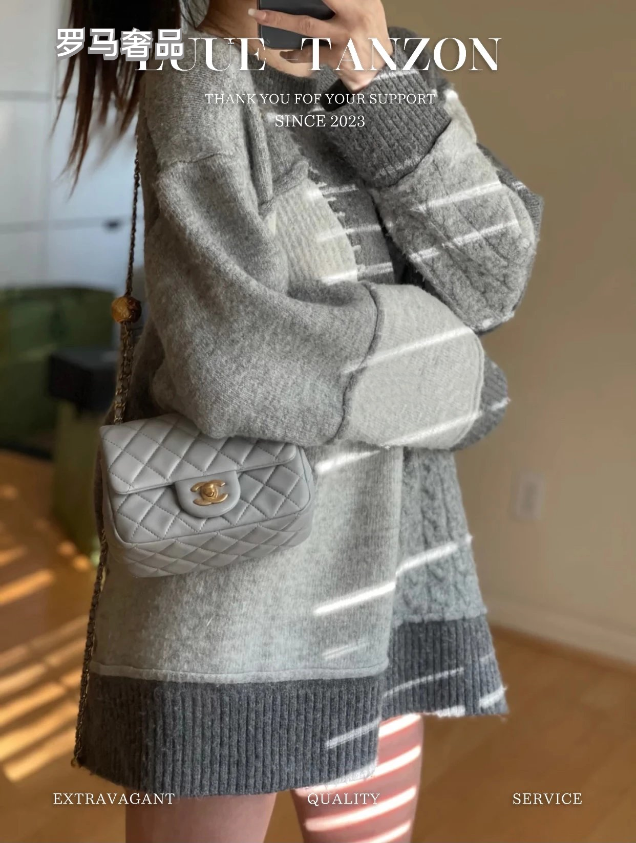 Light Grey Quilted Mini Flap Bag with Adjustable Golden Ball Chain Strap