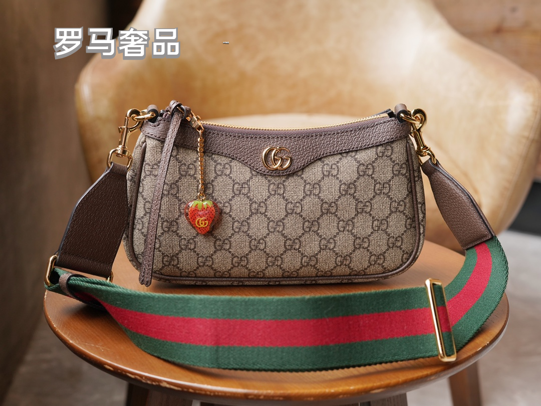 Women's Monogram Canvas Shoulder Bag with Web Strap and Strawberry Charm