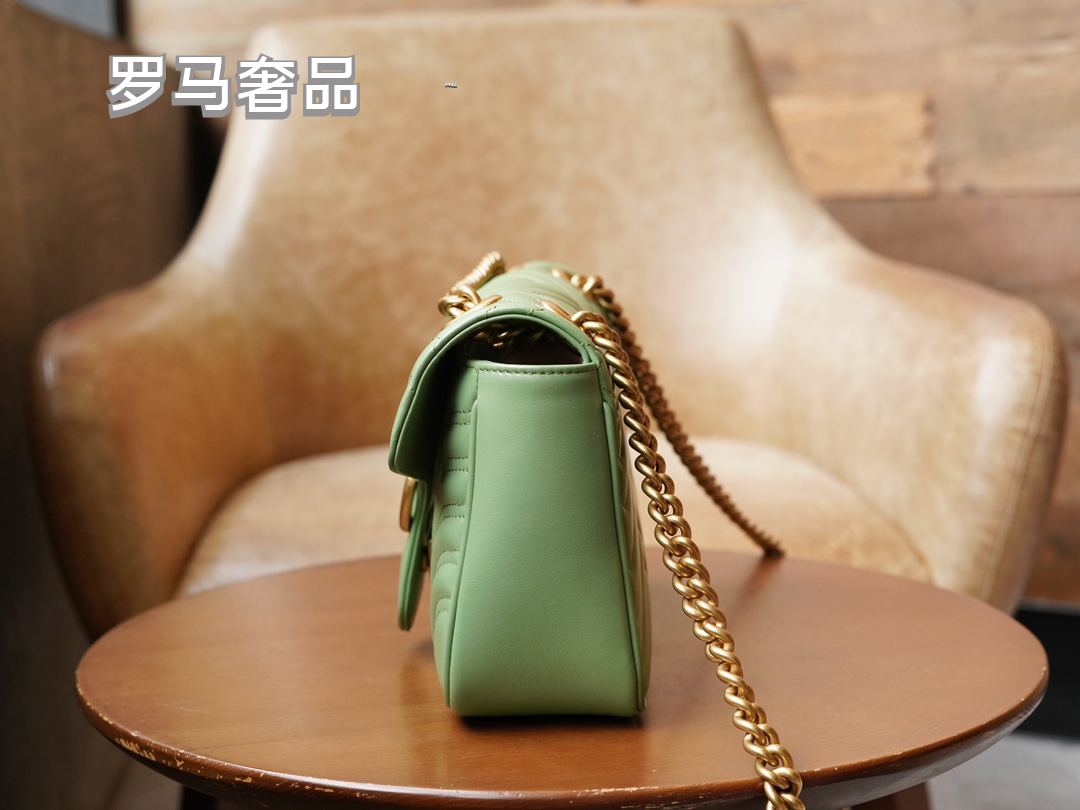 Gucci Sage Green Quilted Chevron Leather Shoulder Bag with Gold Chain