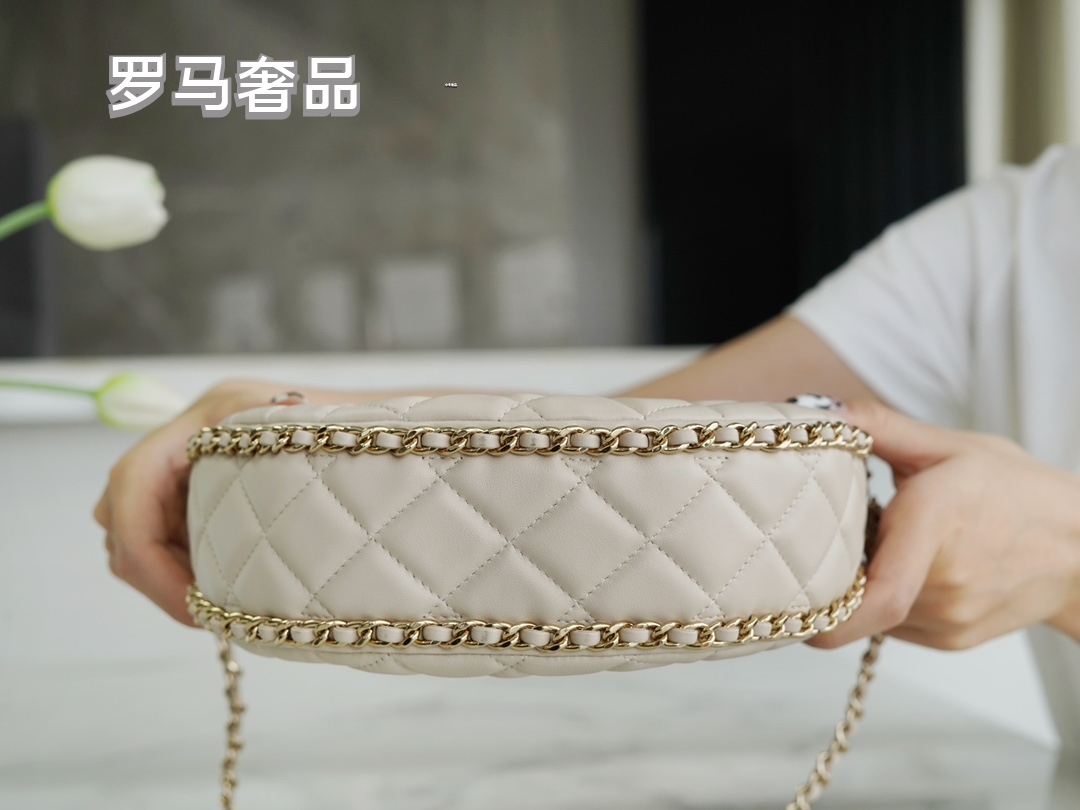 Chanel Style Small Quilted Crescent Hobo Bag in Beige with Gold-Tone Chain