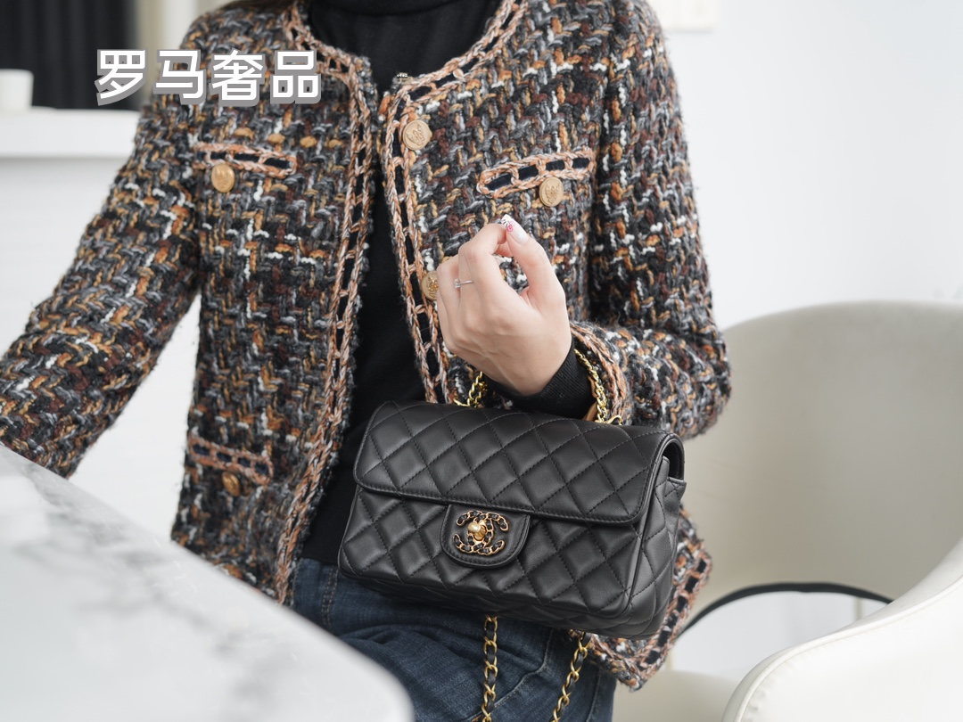 Women's Classic Quilted Black Flap Handbag with Gold-Tone Chain Details