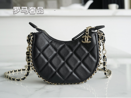 Luxury Black Quilted Leather Mini Hobo Bag with Gold-Tone Chain Strap