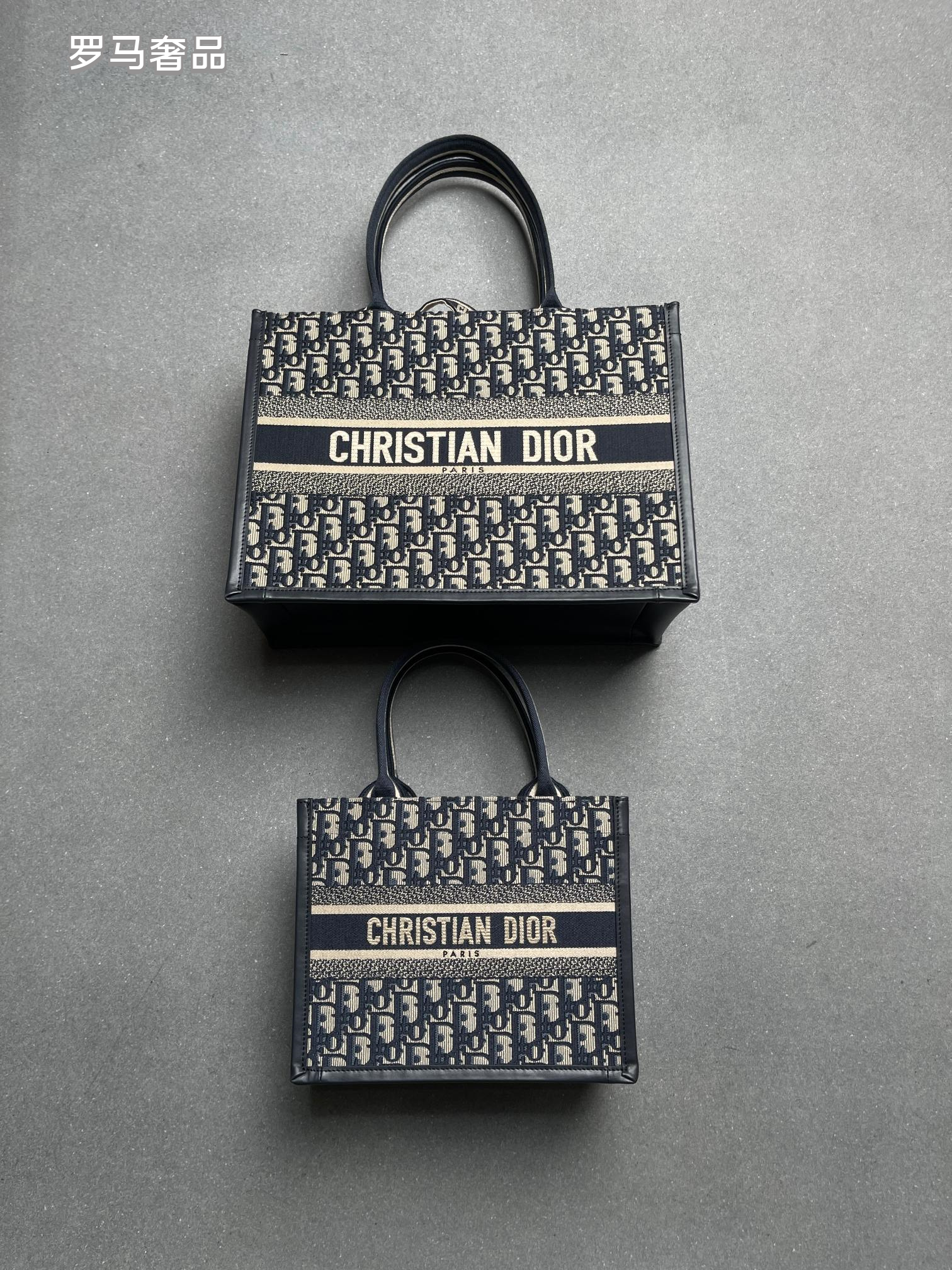 Dior Navy Blue Monogram Canvas Tote Bag with Top Handles