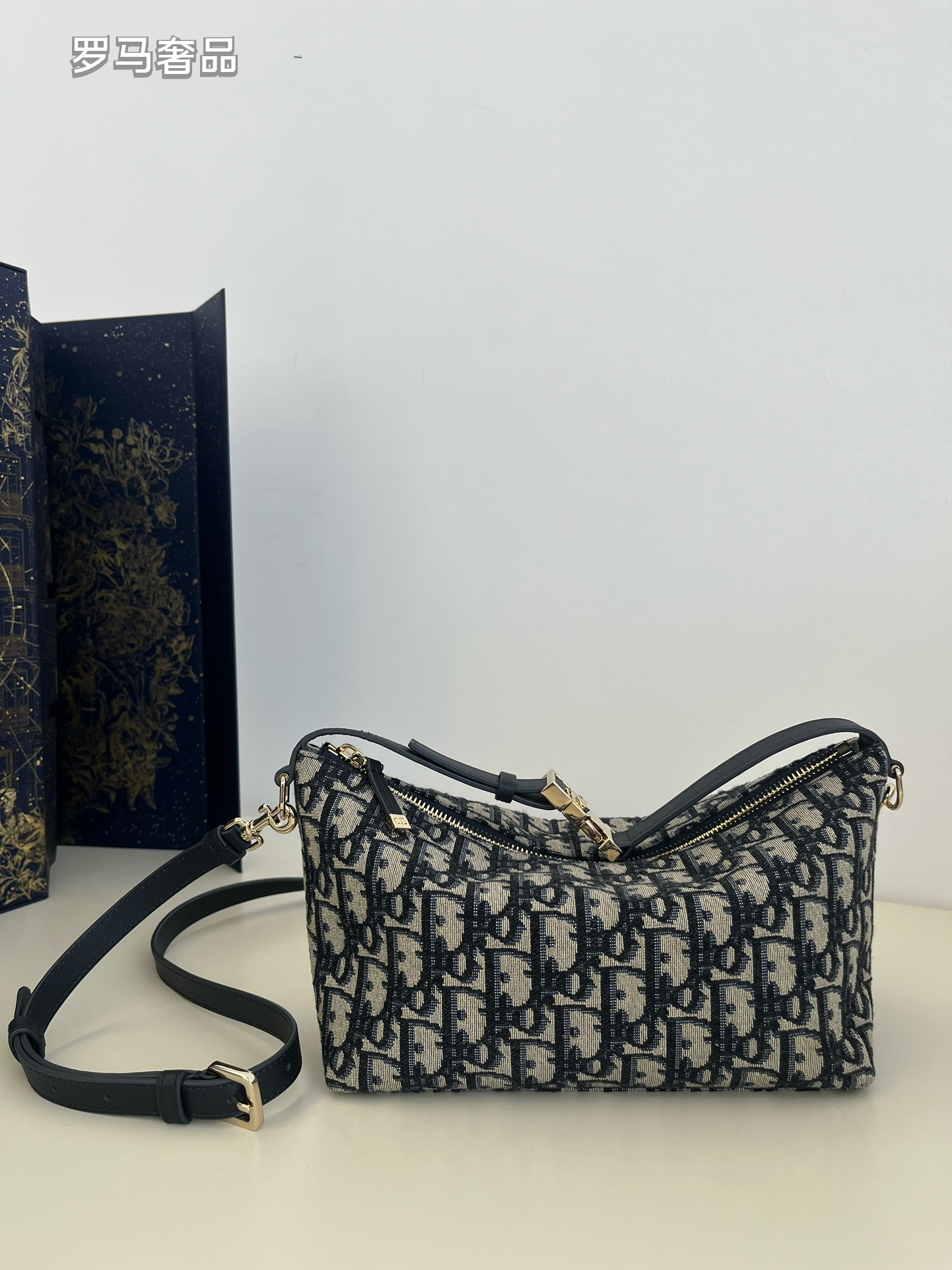 Vintage Inspired Monogram Canvas Shoulder Bag with Adjustable Strap - Navy Blue & Grey