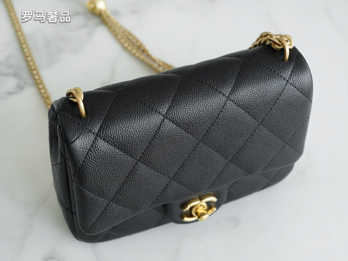Chanel Quilted Leather Mini Flap Bag with Gold Heart Charm Chain - Black