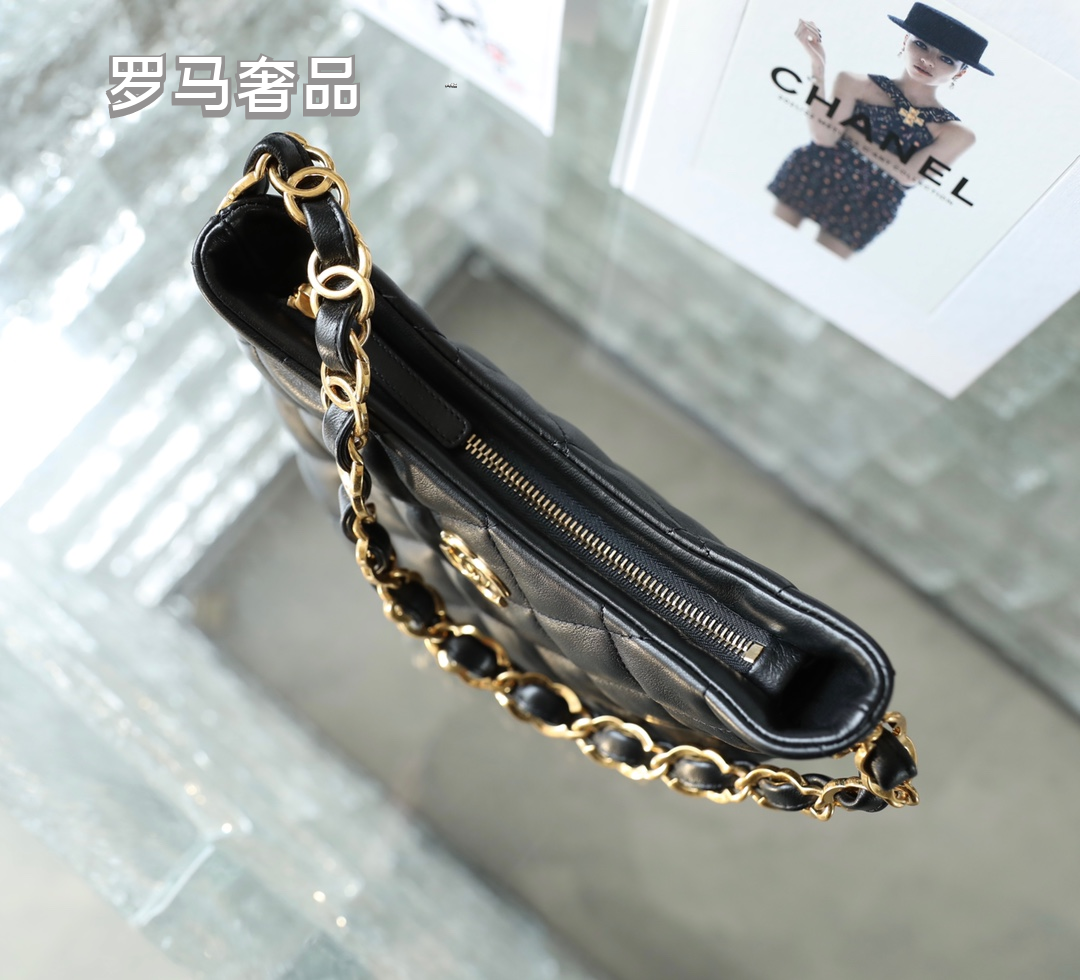 Chanel Small Hobo Bag - Black Quilted Lambskin with Gold-Tone Metal Hardware