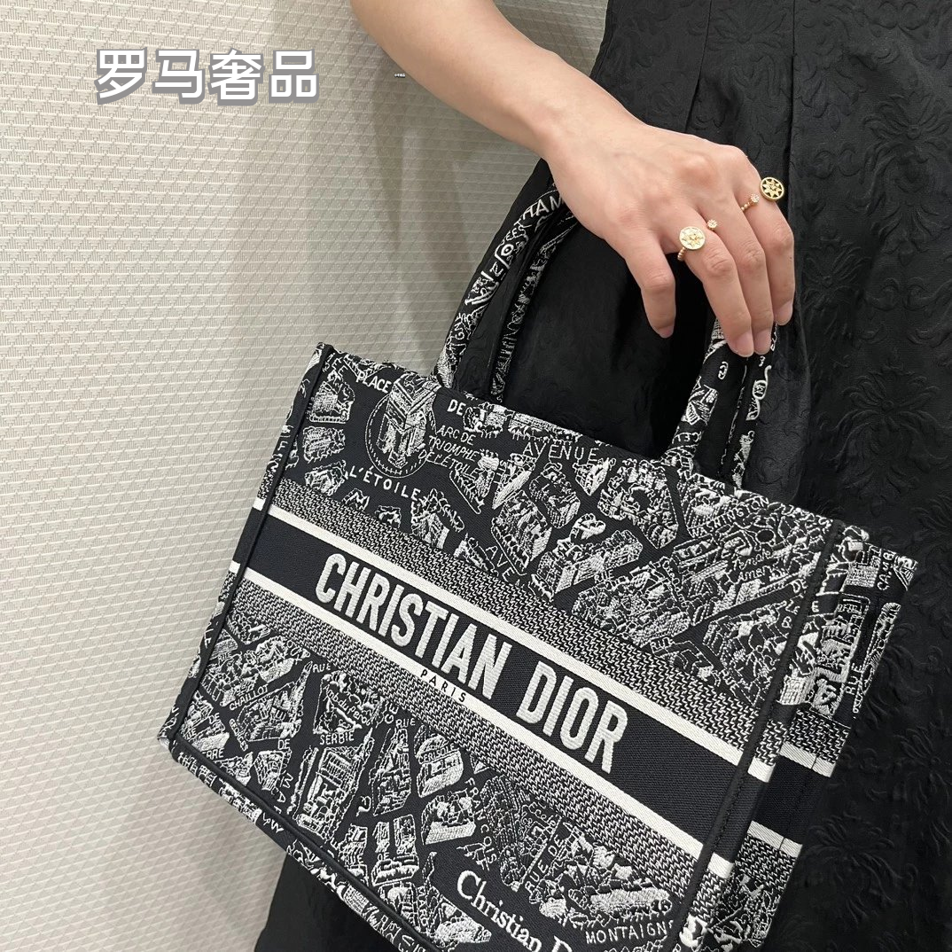 Christian Dior Plan de Paris Book Tote Bag - Black and White Embroidered Canvas