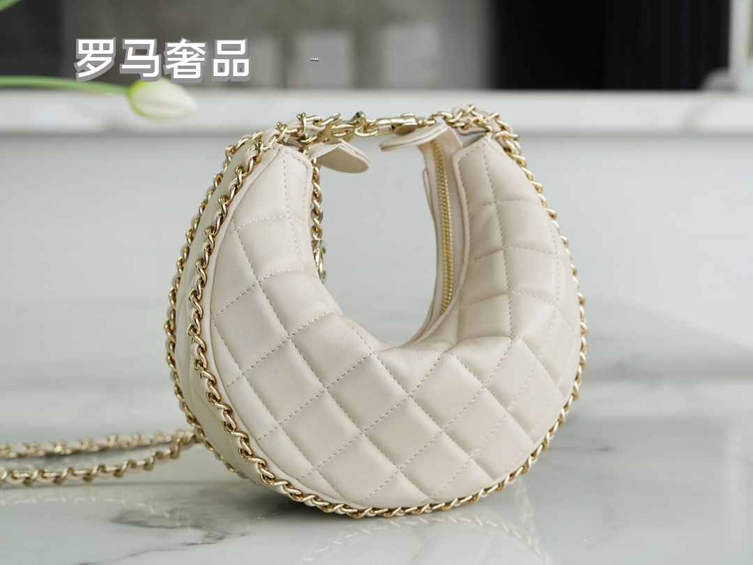 Chanel Style Small Quilted Crescent Hobo Bag in Beige with Gold-Tone Chain