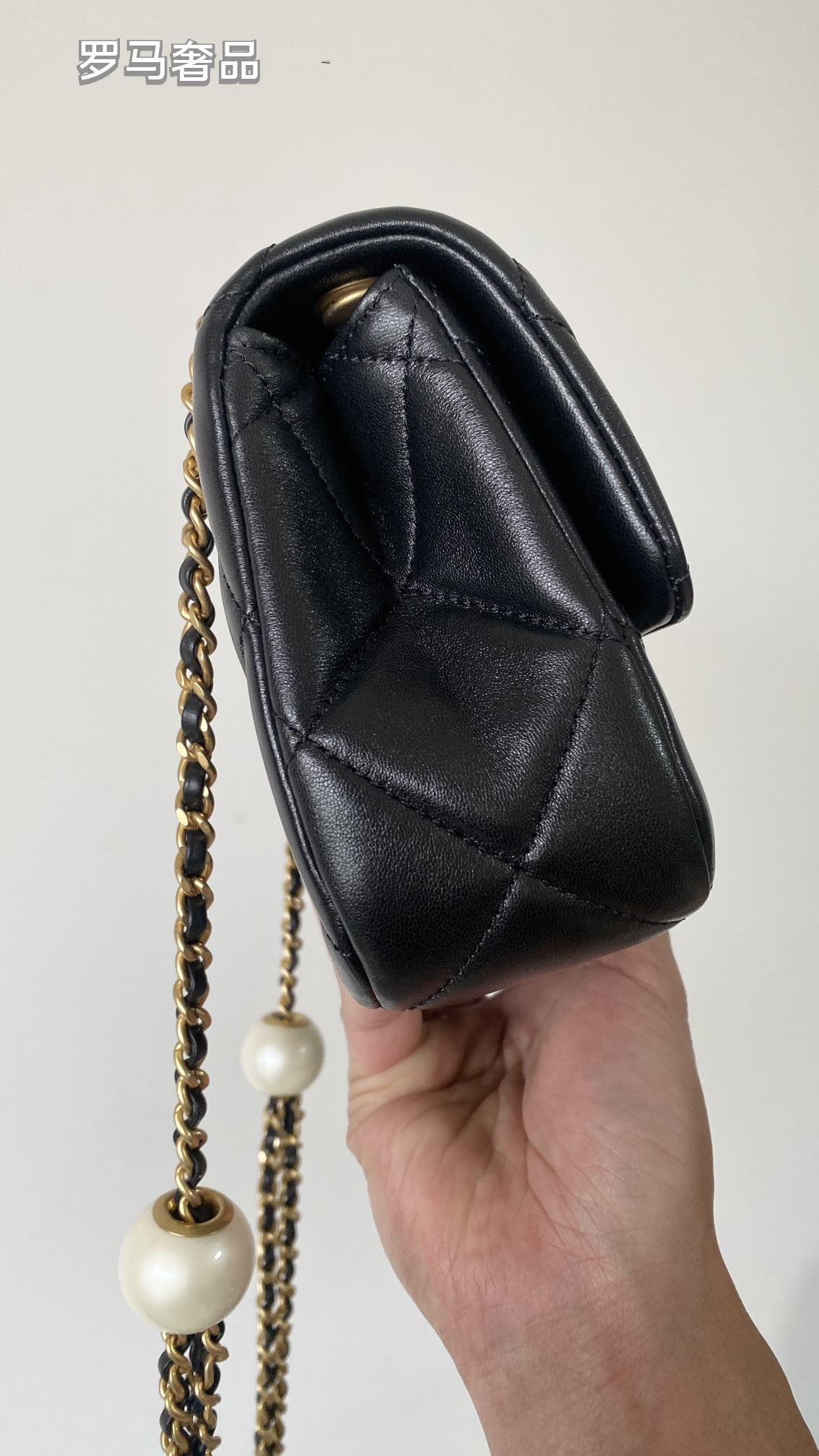 Chanel Quilted Lambskin Mini Flap Bag with Pearl Crush Chain - Black Gold Hardware