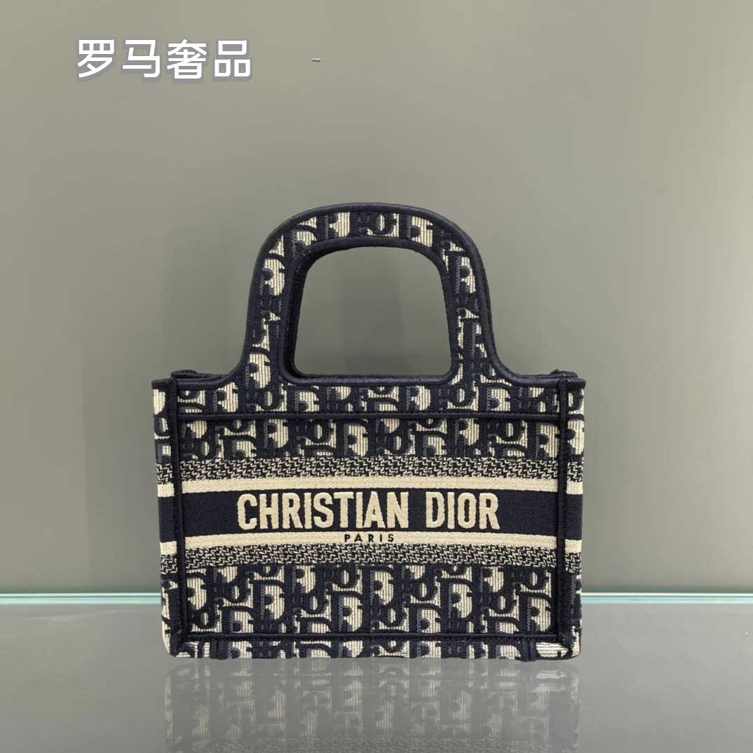 Christian Dior Blue Dior Oblique Embroidery Mini Book Tote