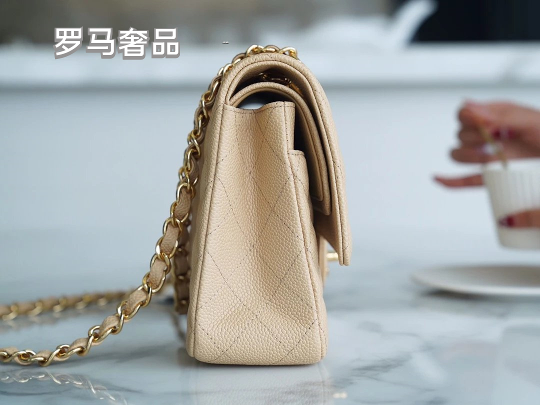 Luxury Beige Quilted Leather Flap Shoulder Bag with Gold-Tone Chain Strap
