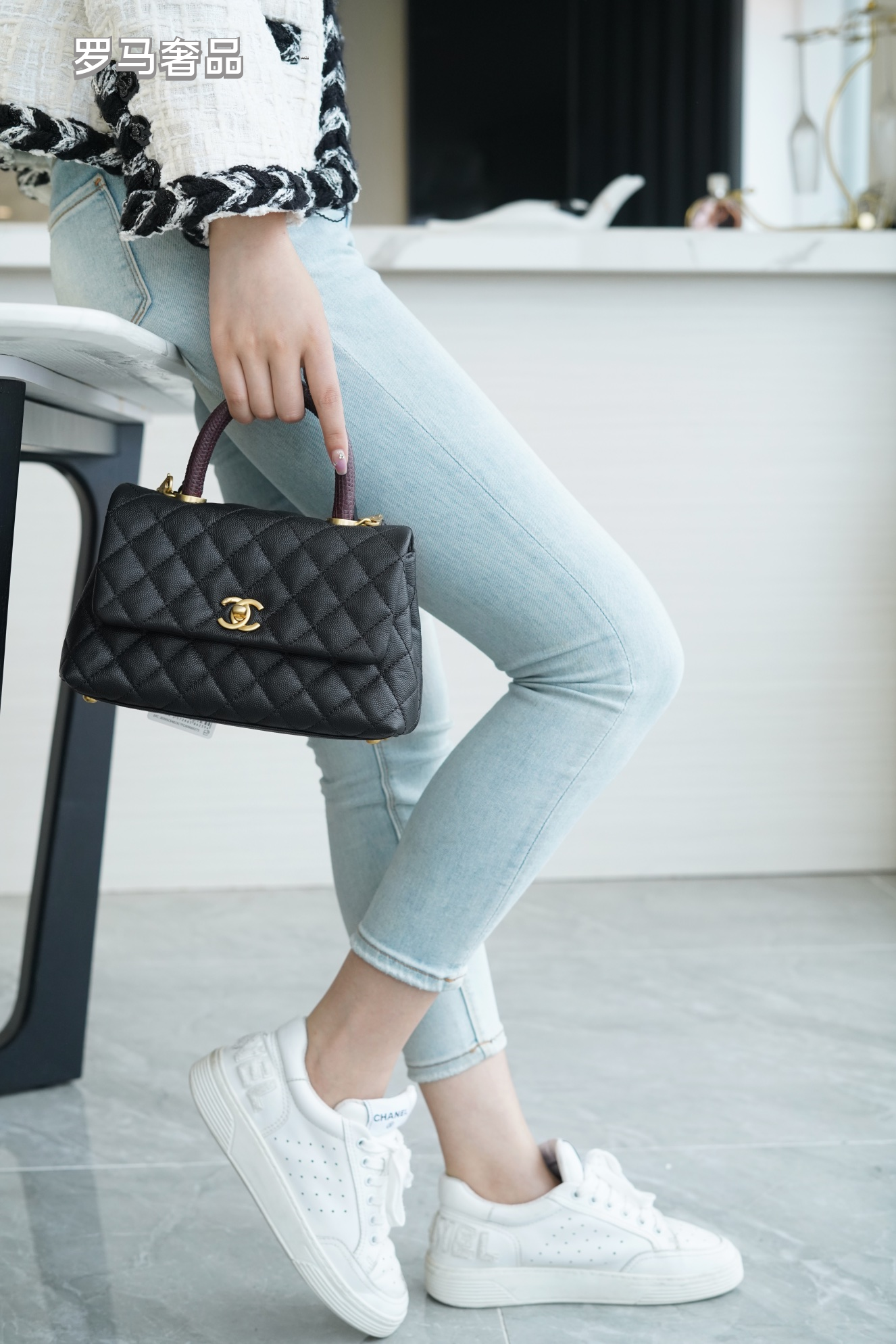 Chanel Medium Coco Handle Bag Black Quilted Caviar Leather Gold Hardware