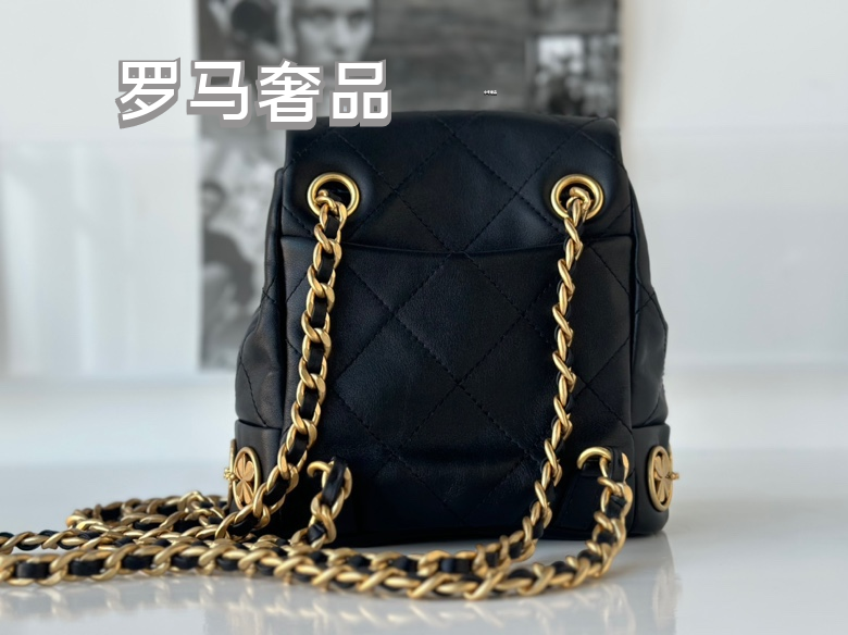 Chanel Vintage Mini Quilted Leather Backpack with Medallion Charm Chain Detail - Black/Gold