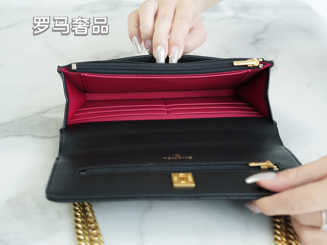 Chanel Quilted Lambskin Wallet on Chain with Camellia Gold Charm - Black