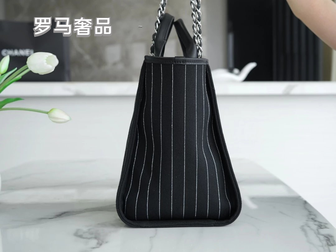 Chanel Pinstripe Canvas Deauville Tote Bag with Matching Pouch - Black/White