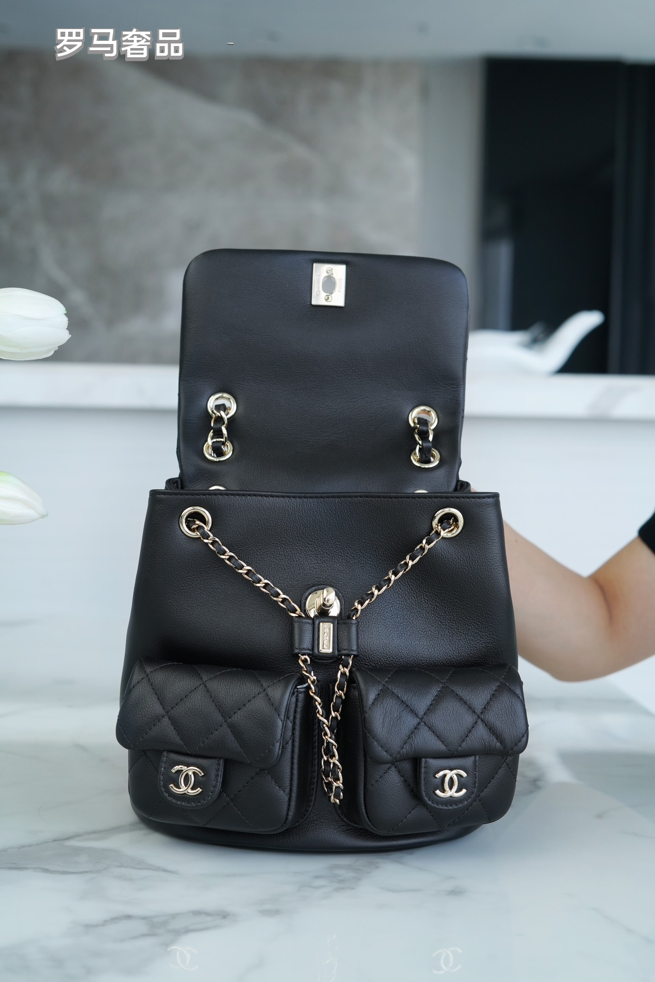 Chanel Quilted Lambskin Duma Backpack - Black with Gold-Tone Hardware
