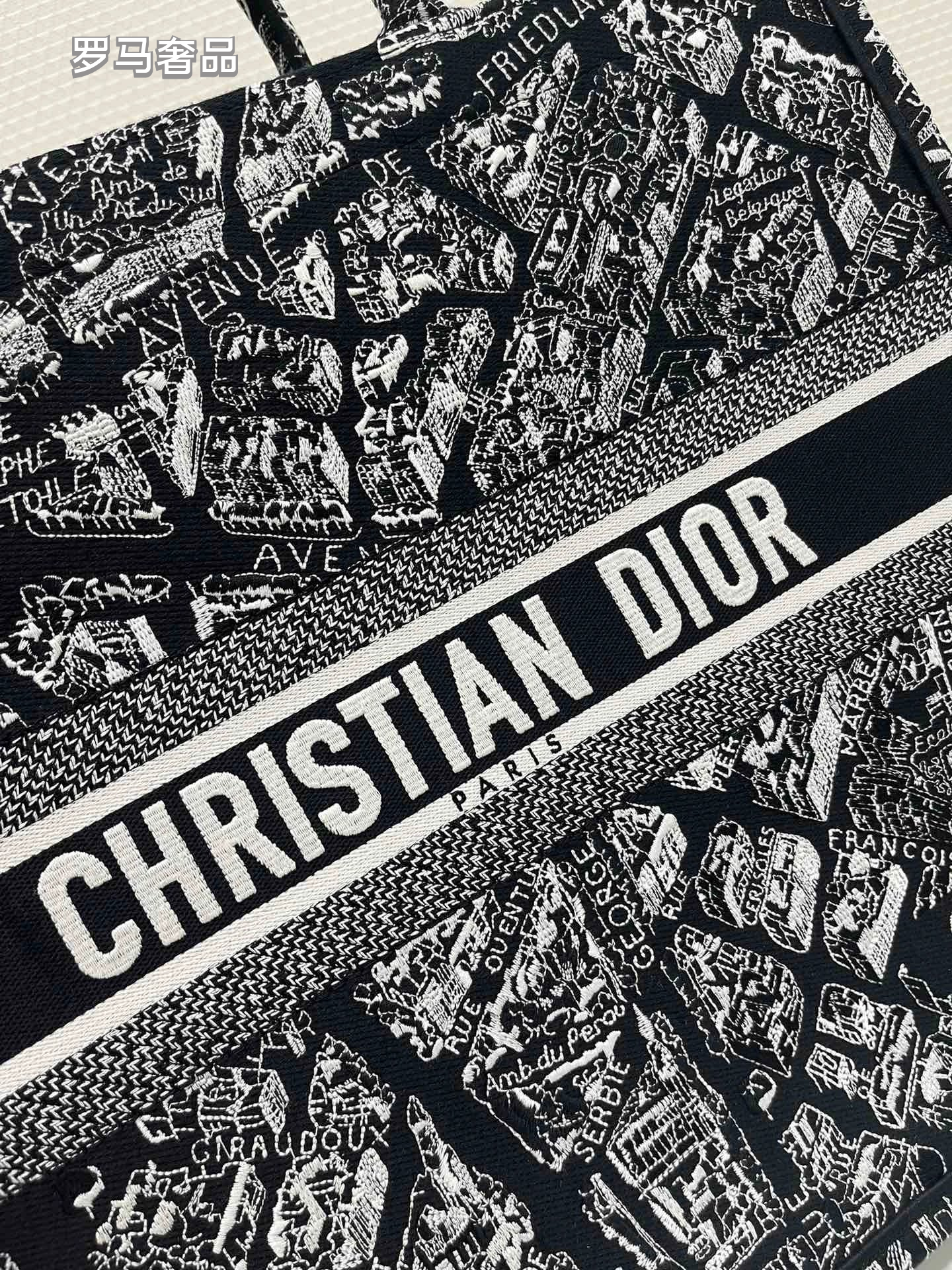 Christian Dior Plan de Paris Book Tote Bag - Black and White Embroidered Canvas