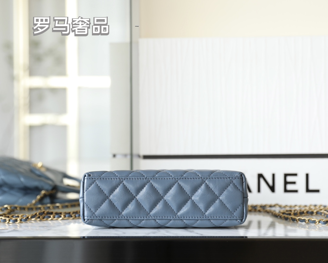 Chanel Quilted Leather Top Handle Flap Bag - Steel Blue with Gold Hardware