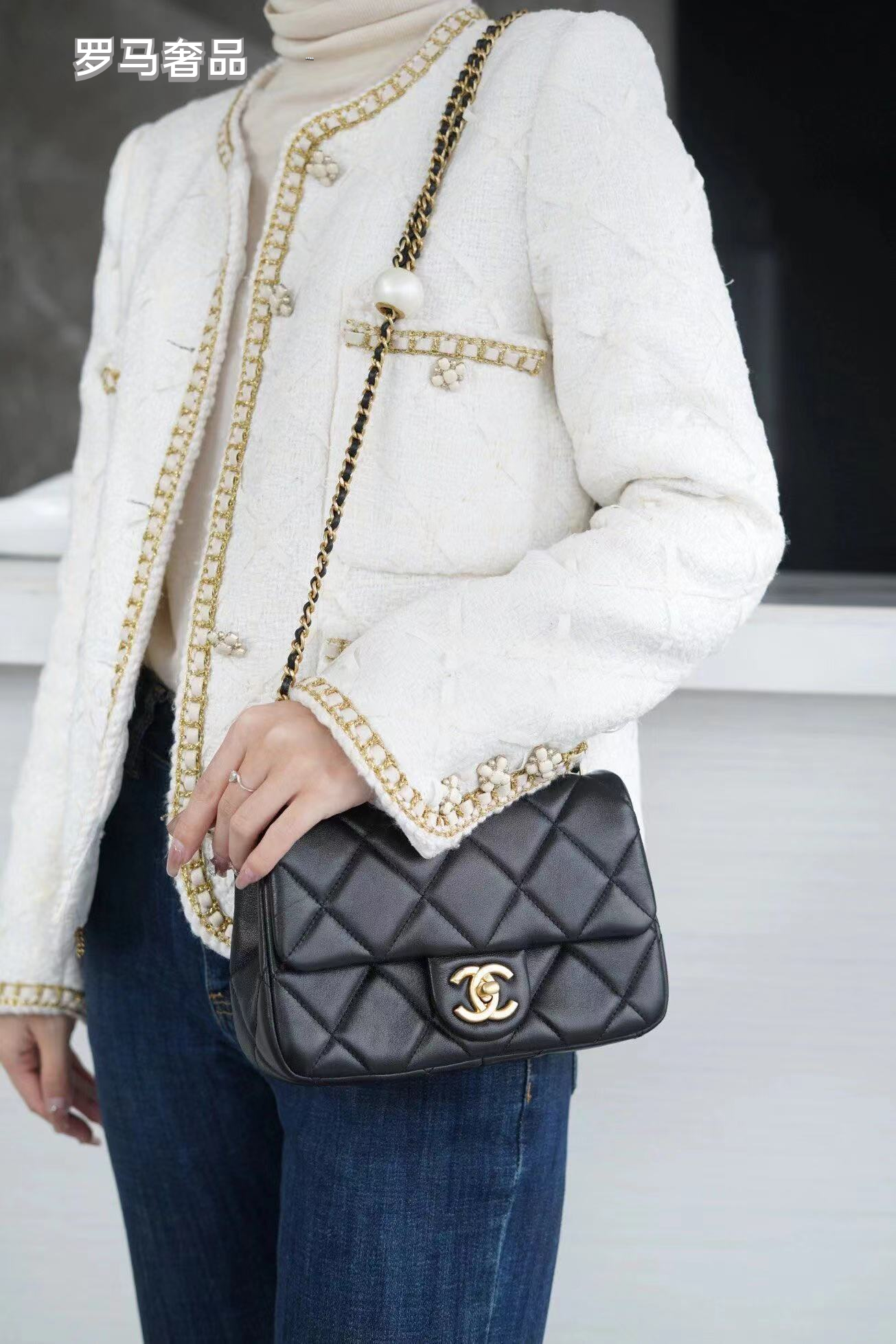 Chanel Quilted Lambskin Mini Flap Bag with Pearl Crush Chain - Black Gold Hardware