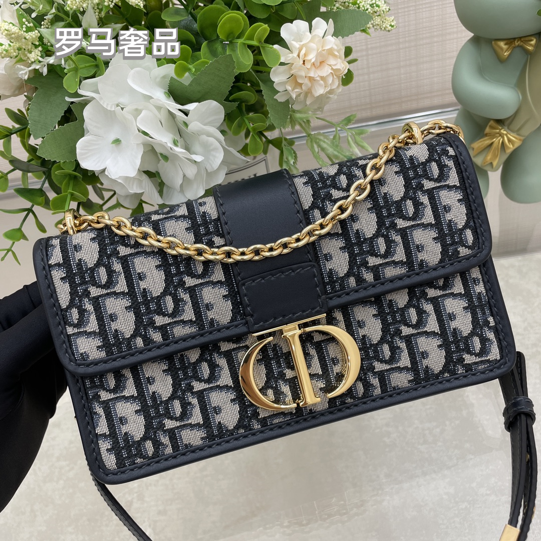Luxury Blue Oblique Canvas Shoulder Bag with Gold CD Clasp