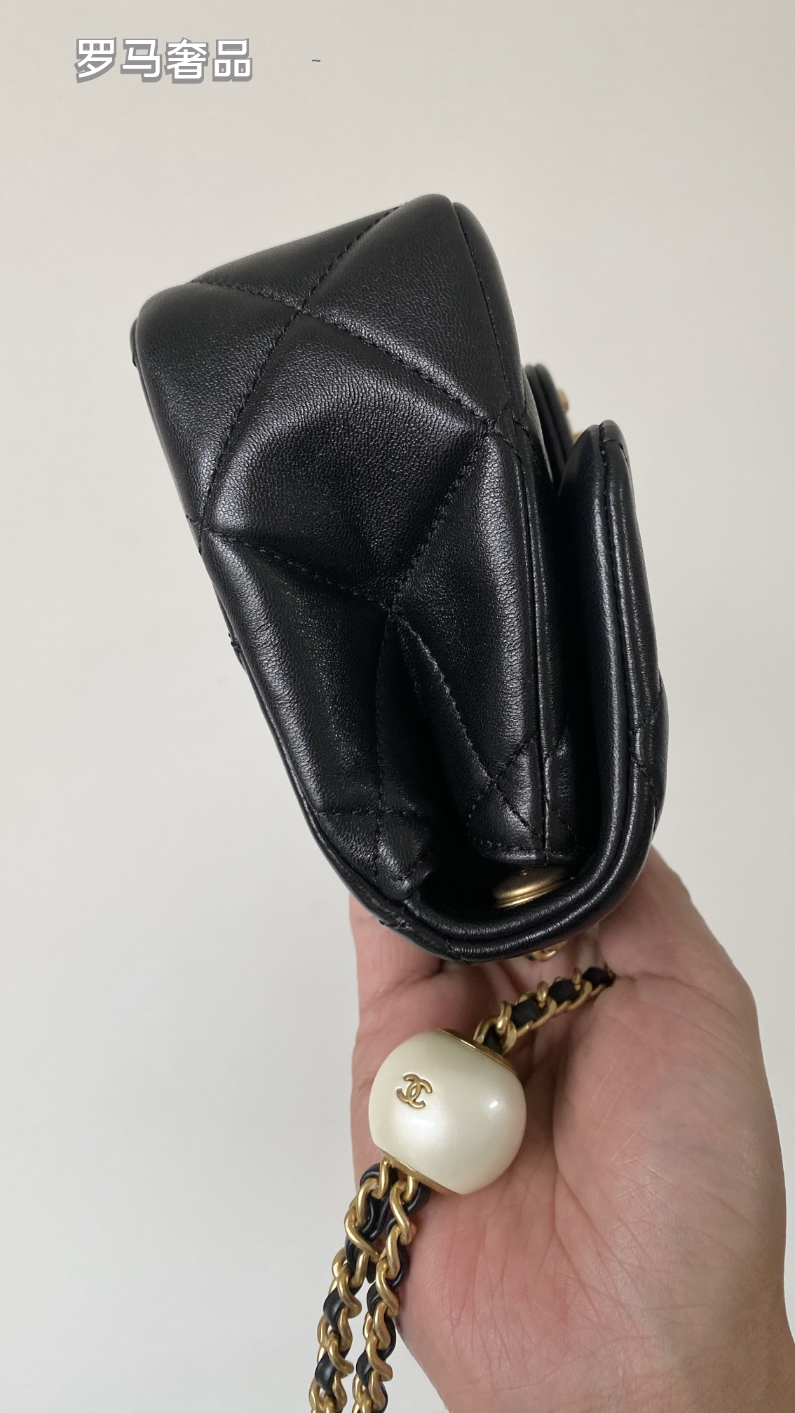 Chanel Quilted Lambskin Mini Flap Bag with Pearl Crush Chain - Black Gold Hardware
