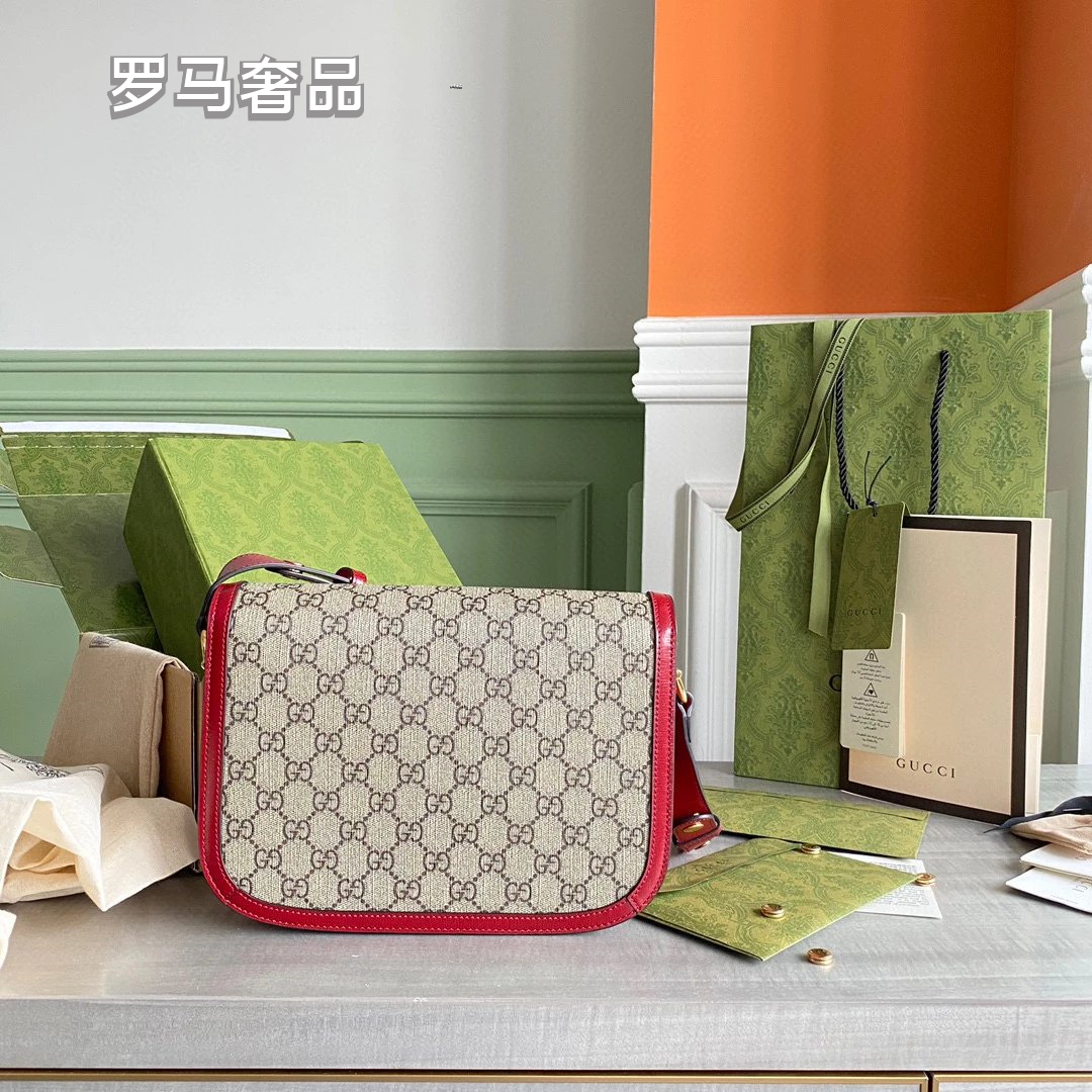 Designer GG Supreme Horsebit Shoulder Bag - Red Leather &amp; Monogram Canvas