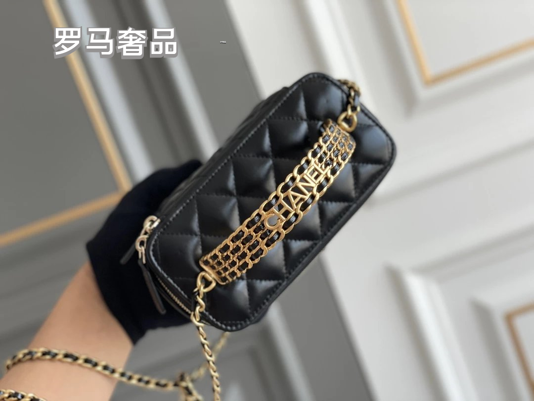 TANZON Black Quilted Leather Vanity Case Crossbody Bag with Gold Chain Strap