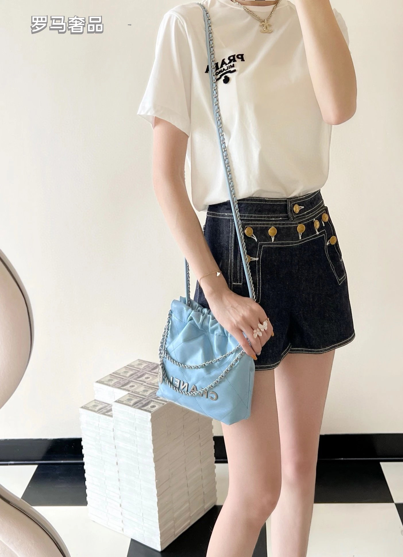 Chanel 22 Mini Handbag - Light Blue Calfskin with Silver-Tone Metal