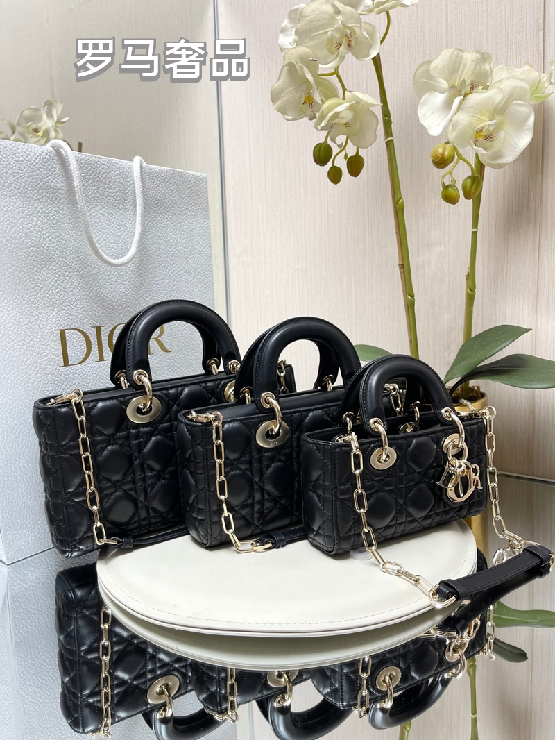 Dior Black Quilted Leather Handbag with Top Handle and Gold Chain Strap