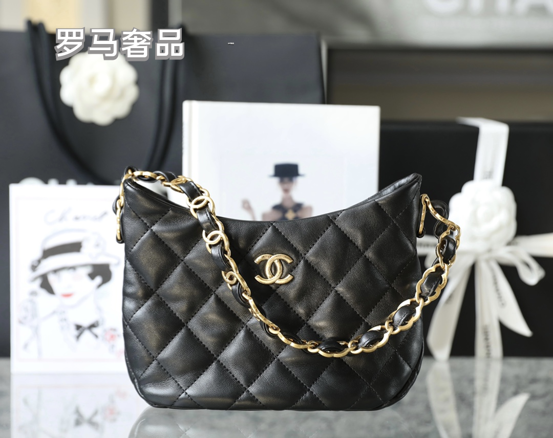 Chanel Small Hobo Bag - Black Quilted Lambskin with Gold-Tone Metal Hardware