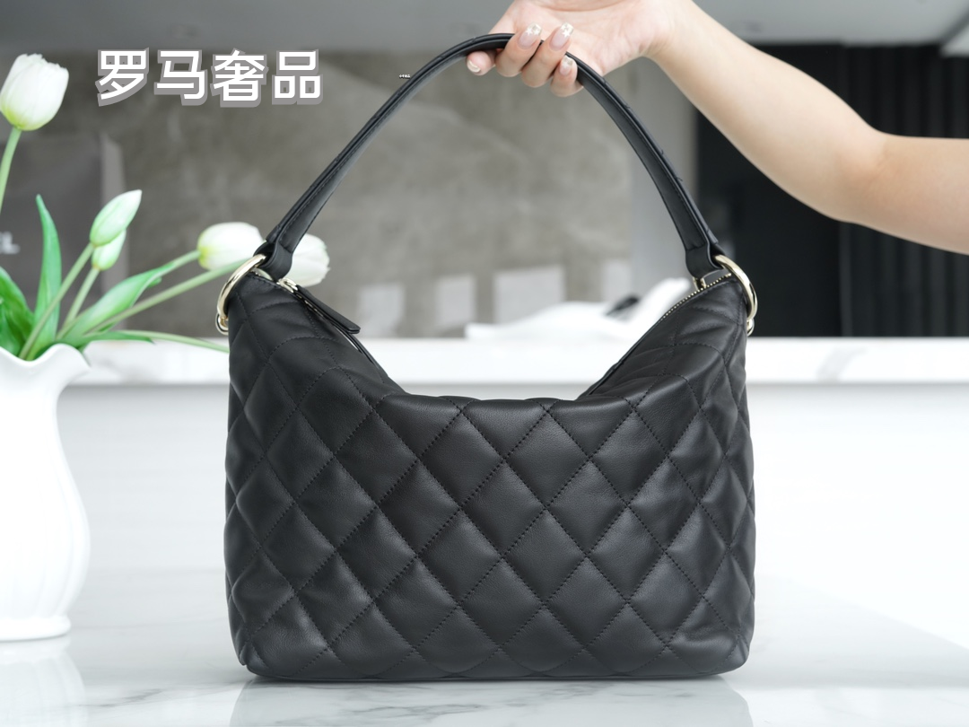 Chanel Black Quilted Lambskin Leather Hobo Bag with Front CC Logo Pocket