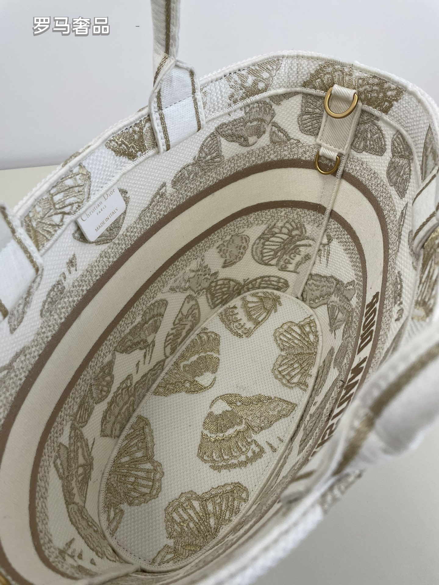Christian Dior Small Canvas Tote Bag with Butterfly Print - White/Gold