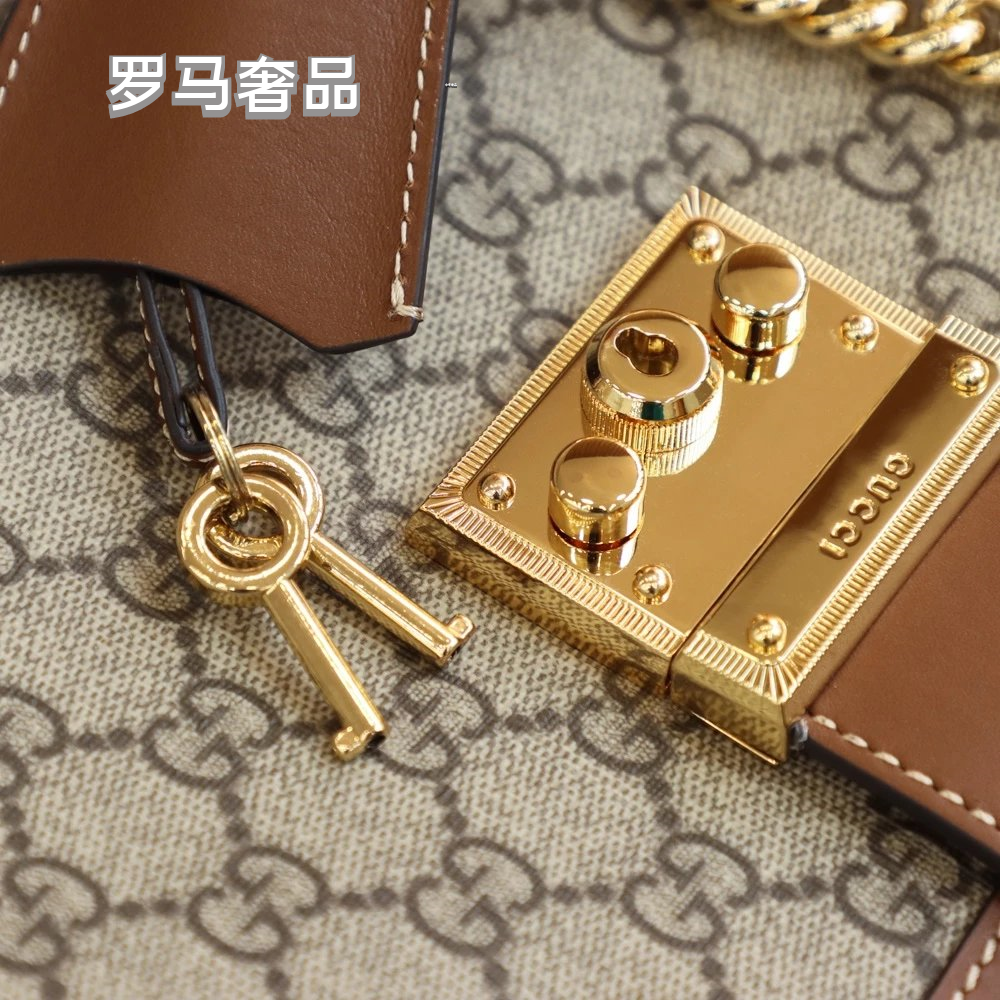 Gucci Vintage Monogram Canvas Shoulder Bag with Gold Chain and Padlock
