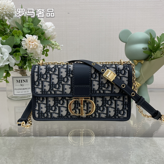 Luxury Blue Oblique Canvas Shoulder Bag with Gold CD Clasp