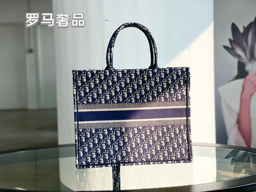 Christian Dior Book Tote Blue Dior Oblique Embroidery
