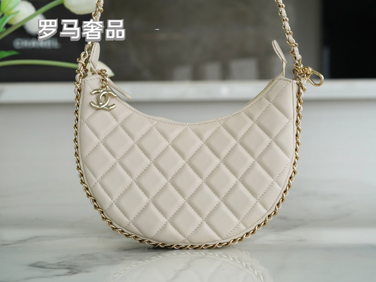 Chanel Style Small Quilted Crescent Hobo Bag in Beige with Gold-Tone Chain